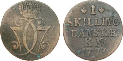 Лот №293,  Дания. Королевство. Король Кристиан VII. 1 скиллинг 1771 года.