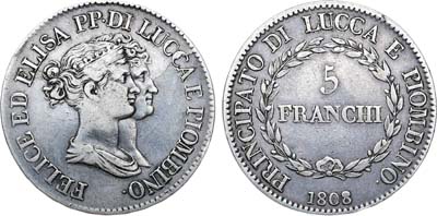 Лот №305,  Италия. Княжество Лукка и Пьомбино. Элиза Бонапарт и Феликс Паскаль Бачиокки. 5 франков 1808 года.
