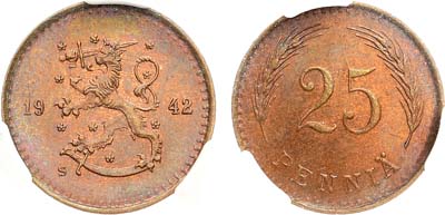 Лот №370,  Финляндия. Республика. 25 пенни 1942 года (S). В слабе CPRC MS 63 BN.