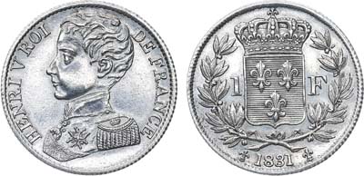Лот №387,  Франция. Королевство. Претендент на престол Генрих V. 1 франк 1831 года. Токен (пробный).