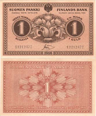 Лот №16,  Российская империя. Великое Княжество Финляндское. 1 марка золотом 1916 года.