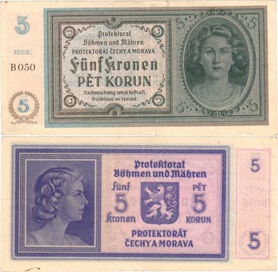 Лот №170,  Богемия и Моравия. Протекторат. 5 крон 1940-1945 гг.