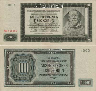 Лот №173,  Богемия и Моравия. Протекторат. 1000 крон 1942 года. SPECIMEN.
