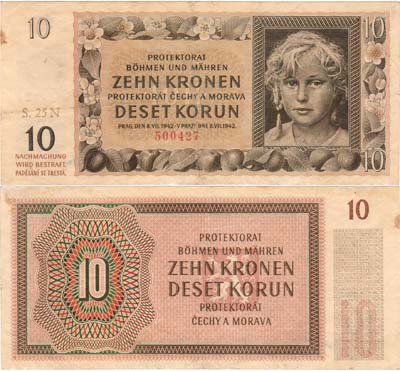 Лот №174,  Богемия и Моравия. Протекторат. 10 крон 1942 года.
