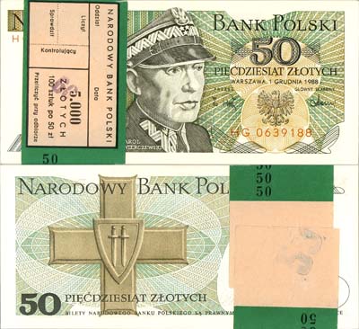 Лот №204,  Польша. Народный банк. 50 злотых 1988 года. Адам Мицкевич. Банковский корешок. Пачка 100 штук.