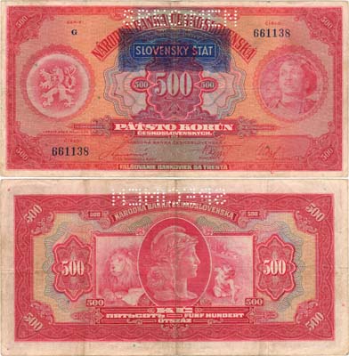 Лот №207,  Словакия. 500 крон 1929 (1939) года. Синяя надпечатка. SPECIMEN.