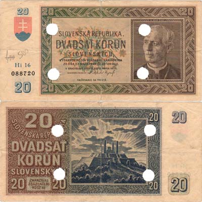 Лот №208,  Словакия. 20 крон 1939 года. Гашение.