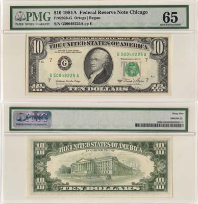 Лот №221,  США. 10 долларов серии 1981 А.  G50049225А. В слабе PMG 65 Gem Uncirculated.