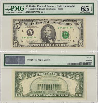 Лот №222,  США. 5 долларов серии 1988 А года. № Е 94278777С. Литера Е (Ричмонд). В слабе PMG 65 EPQ Gem Uncirculated.