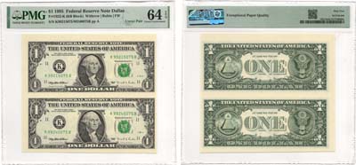 Лот №223,  США. 1 доллар 1995 года. Неразрезанная пара. В слабе PMG 64 EPQ Choice Uncirculated.