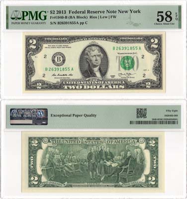 Лот №224,  США. 2 доллара серии 2013 года. B26391855A, Rios/Lew. В слабе PMG 58 About Unc.