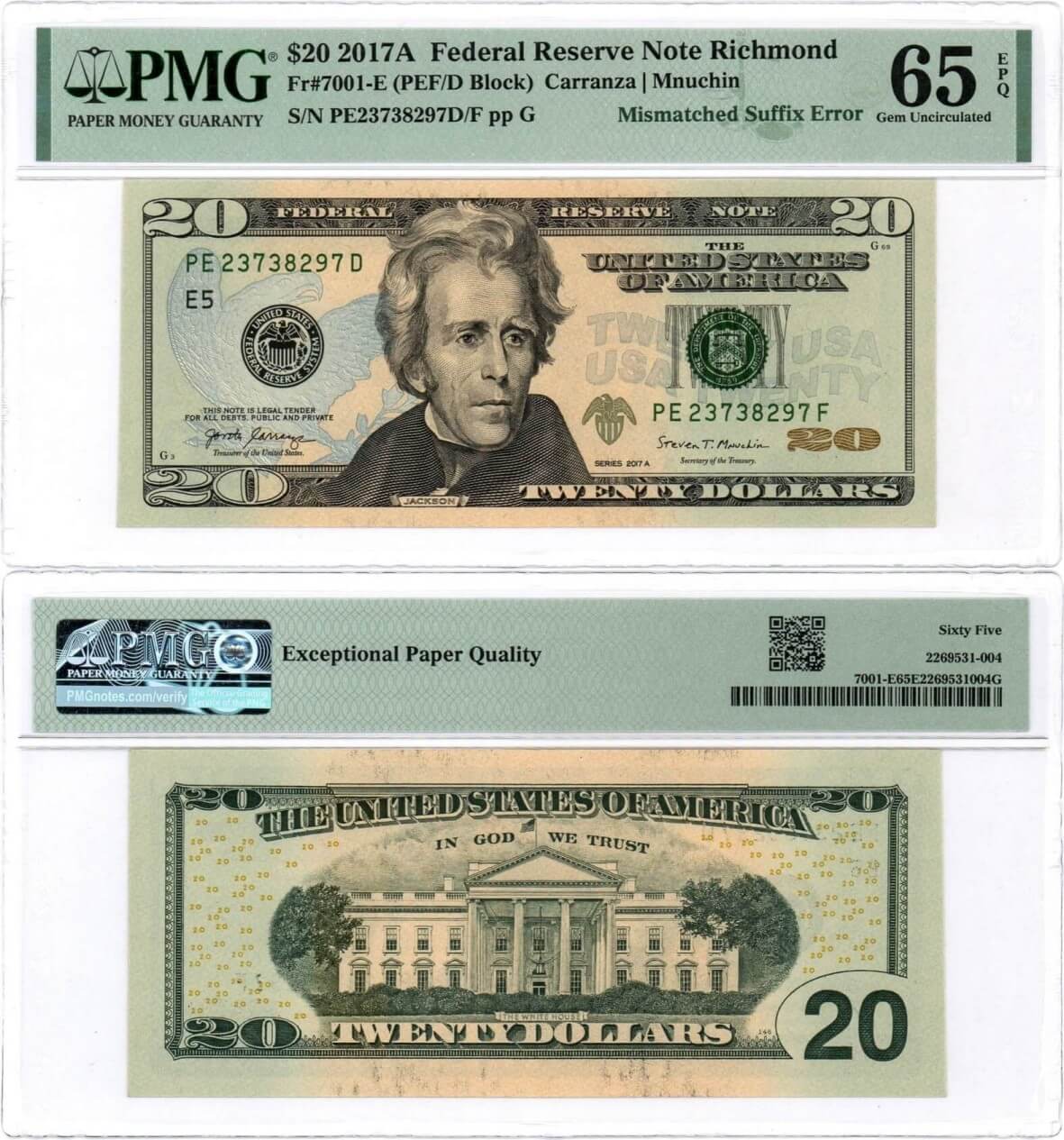 Лот №225,  США. 20 долларов 2017 А года (Ошибка-несоответствие суффикса). В слабе PMG 65 EPQ Gem Uncirculated.