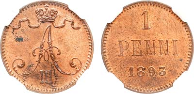 Лот №1444, 1 пенни 1893 года. В слабе ННР MS 63 RB.