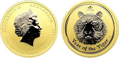 Лот №196,  Австралия. Королева Елизавета II. 50 долларов 2010 года. Лунный календарь. Год тигра.