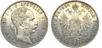 Лот №201,  Австро-Венгерская империя. Император Франц Иосиф I. 2 флорина 1884 года.