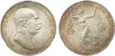 Лот №202,  Австро-Венгерская империя. Император Франц Иосиф I. 5 крон 1908 года. В слабе CPRC MS 62.