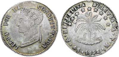 Лот №235,  Боливия. Республика. 4 соля 1855 года (F).