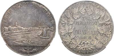 Лот №277,  Германия. Вольный город Франкфурт. 2 талера (двойной) 1840 года. В слабе CPRC MS 61.