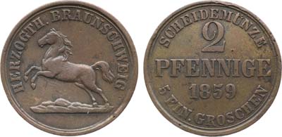 Лот №279,  Германия. Герцогство Брауншвейг. Герцог Вильгельм. 2 пфеннига 1859 года.