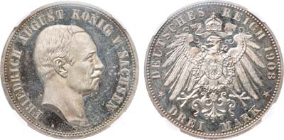 Лот №292,  Германская империя. Королевство Саксония. Король Фридрих Август. 3 марки 1908 года. В слабе ННР PF 63.