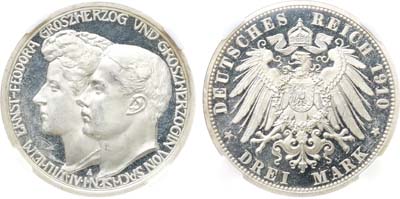 Лот №294,  Германская империя. Княжество Саксен-Веймар-Эйзенах. Великий герцог Вильгельм Эрнест. 3 марки 1910 года. Свадьба герцога Вильгельма и Феодоры. В слабе ННР PF 61.