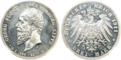 Лот №295,  Германская империя. Княжество Шаумбург-Липпе. Князь Георг. 3 марки 1911 года. В слабе ННР PF det.