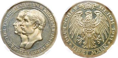Лот №296,  Германская империя. Королевство Пруссия. Король Вильгельм II. 3 марки 1911 года. В слабе ННР PF det.