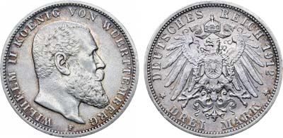 Лот №299,  Германия. Империя. Королевство Вюртемберг. Король Вильгельм II. 3 марки 1912 года.