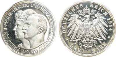 Лот №302,  Германская империя. Герцогство Анхальт. Герцог Фридрих II. 3 марки 1914 года. В слабе ННР PF 63.