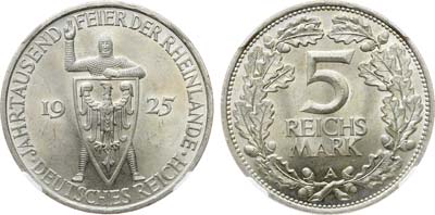 Лот №310,  Германия. Веймарская республика. 5 рейхсмарок 1925 года. В слабе ННР MS 64.