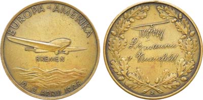 Лот №311,  Германия. Медаль в память первого успешного трансатлантического перелета с востока на запад на самолете «Бремен» Junkers W33 (летчики Э.Г. фон Хюнефельд, Г. Кёль и Дж. Фитцморис, 12–13 апреля 1928 г.).