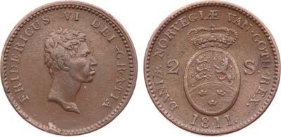 Лот №326,  Дания. Королевство. Король Фредерик VI. 2 скиллинга 1811 года.