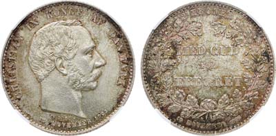 Лот №328,  Дания. Королевство. 2 кроны 1888 года. 25 лет правления Кристиана IX. В слабе ННР MS 66.