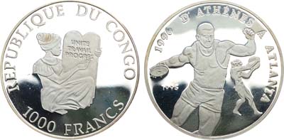 Лот №354,  Конго. 1000 франков 1995 года. Олимпийские игры в Атланте. Метание диска.
