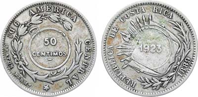 Лот №355,  Коста-Рика. Республика. 50 сентимов 1889 года. Перечекан на 25 сентимо.