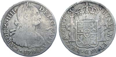 Лот №365,  Мексика. Испанская колония. Король Карл IV. 8 реалов 1794 года.