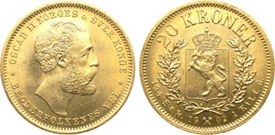 Лот №373,  Норвегия. Шведско-норвежская уния. Король Оскар II. 20 крон 1902 года.