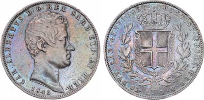Лот №426,  Сардиния. Королевство. Король Карл Альберт. 5 лир 1843 года.
