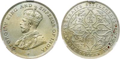 Лот №431,  Стрейтс Сетлментс. Король Георг V. 1 доллар 1920 года. В слабе CPRC MS 63.