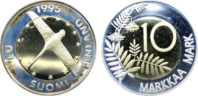 Лот №454,  Финляндия. Республика. 10 марок 1995 года. Вступление Финляндии в Европейский союз.