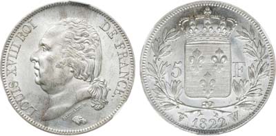Лот №481,  Франция. Королевство. Король Людовик XVIII. 5 франков 1822 года (W). В слабе CPRC MS 63.