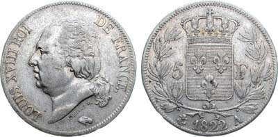 Лот №482,  Франция. Королевство. Король Людовик XVIII. 5 франков 1822 года.