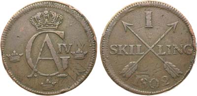 Лот №508,  Швеция. Королевство. Король Густав IV Адольф. 1 скиллинг 1802 года. Перечекан из 2 эре 1747 года.