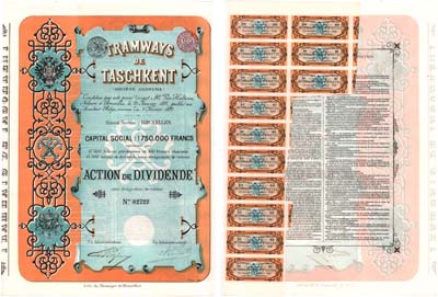 Лот №369,  Российско-Бельгийское общество. Трамваи Ташкента. Акция. 100 франков 1897 года. С 13 купонами.