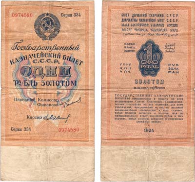 Лот №187,  СССР. Государственный Казначейский билет. 1 рубль золотом 1924 года. Сокольников/Бабичев. Водяной знак широкий.