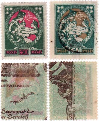 Лот №305,  Латвия. Лот из 2 почтовых марок 1919 года. Вторичное использование.