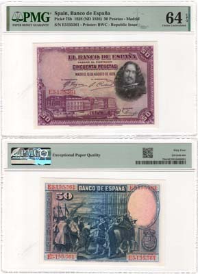 Лот №429,  Испания. 50 песет 1928 (1936) года. В слабе PMG 64 EPQ Choice Uncirculated.