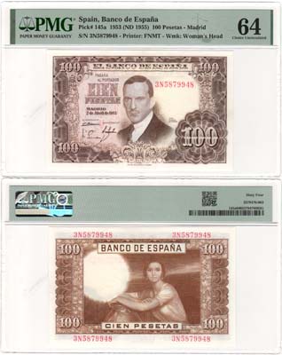 Лот №430,  Испания. 100 песет 1953 (1955) года. В слабе PMG 64 Choice Uncirculated.