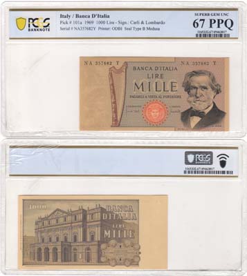 Лот №431,  Италия. 1000 лир 1969 года. В слабе PCGS 67 PPQ Superb Gem UNC.