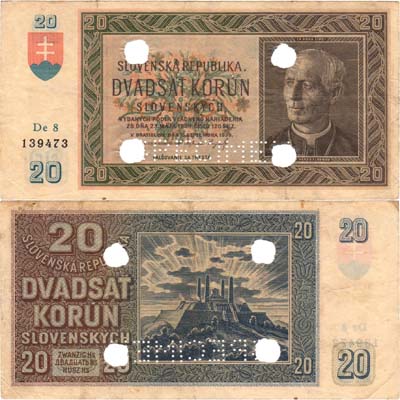 Лот №450,  Словакия. 20 крон 1939 года. Гашение. Образец.